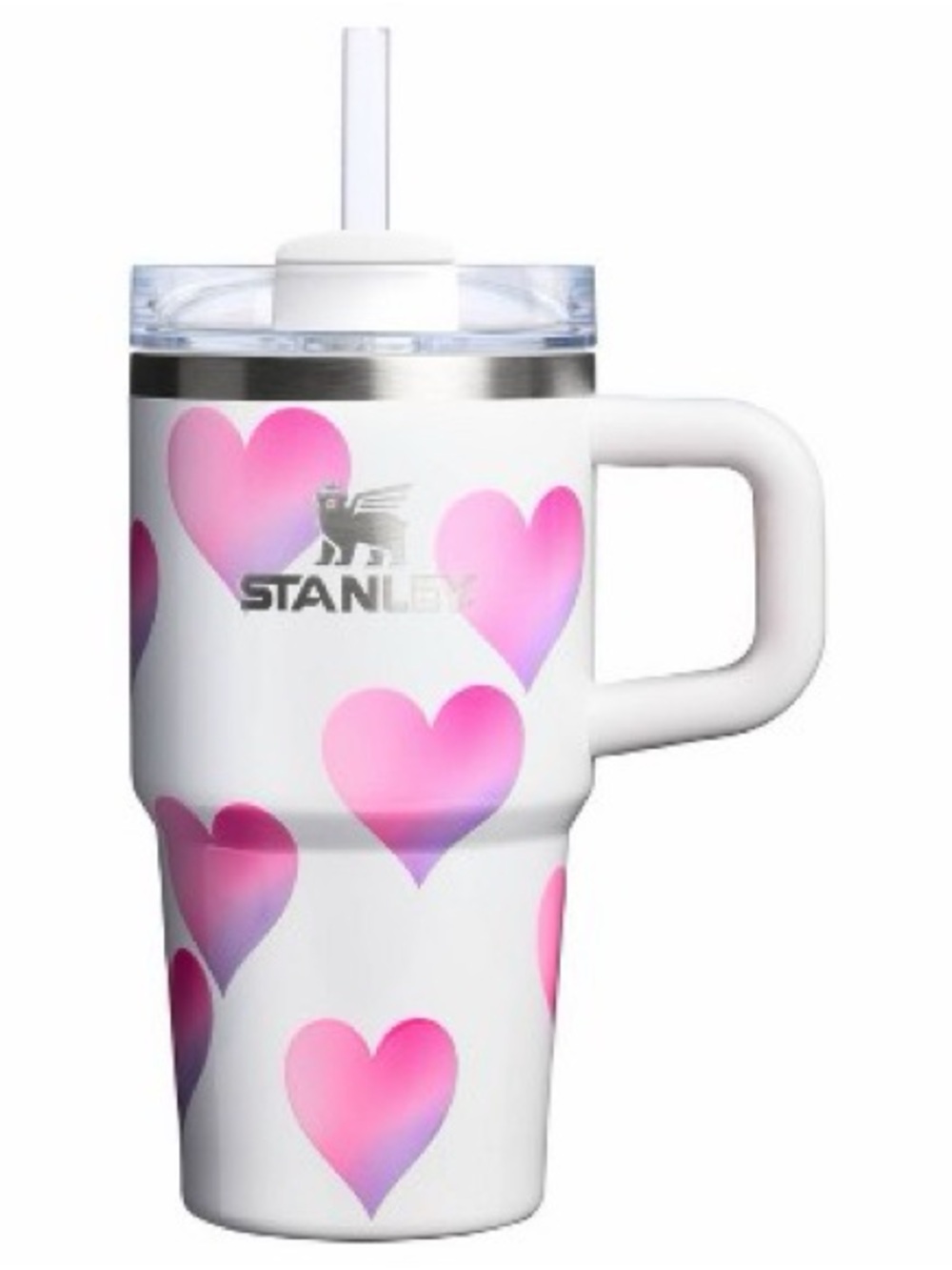 Stanley White Travel Tumbler with Pink Gradient Hearts 20 oz.